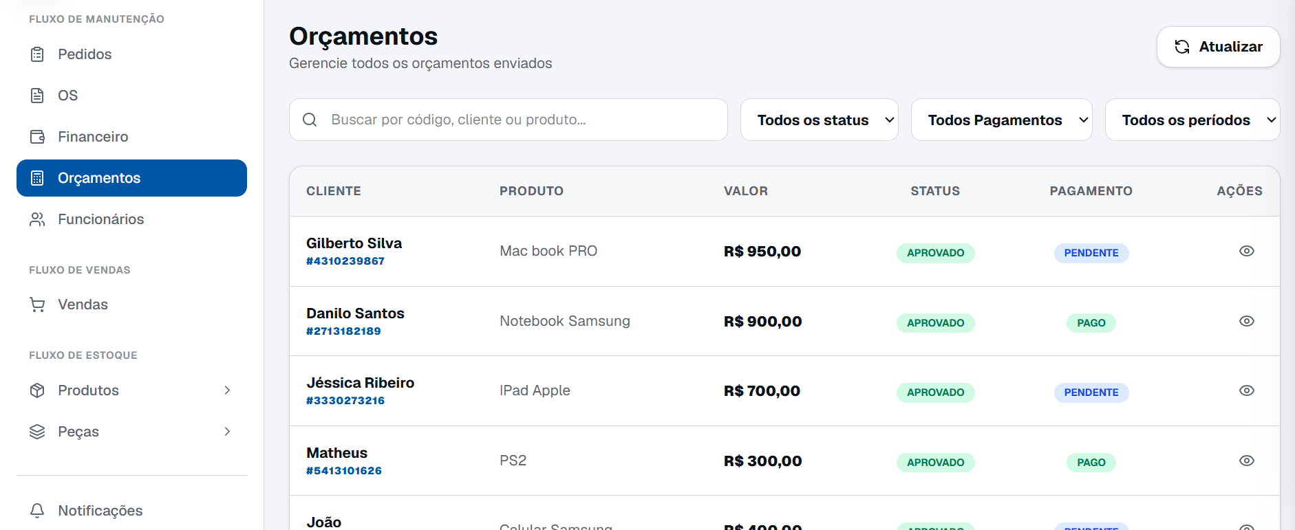 Interface de Orçamentos Profissionais