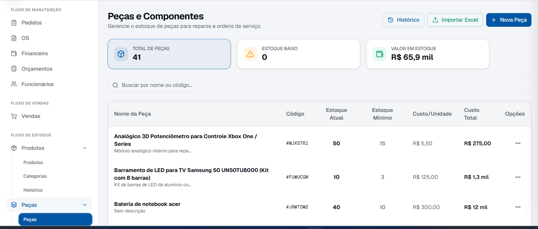 Interface de Estoque de Peças